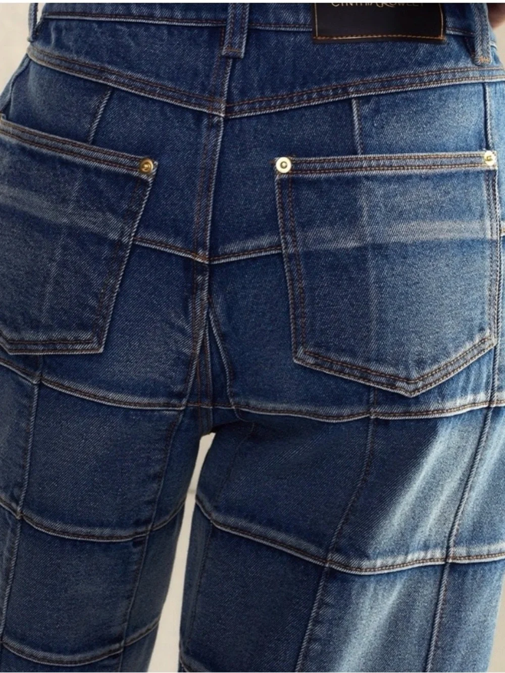 Cynthia Rowley Collection Window Pane Blue Patchwork Wide-Leg Jeans size 25. - Picture 5 of 10